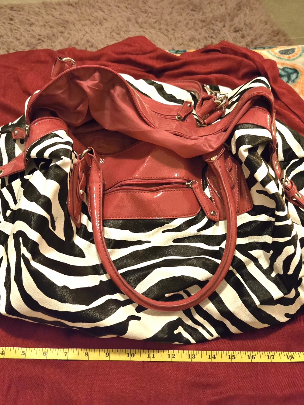 Zebra Print Shoulder Bag with Red Trim
